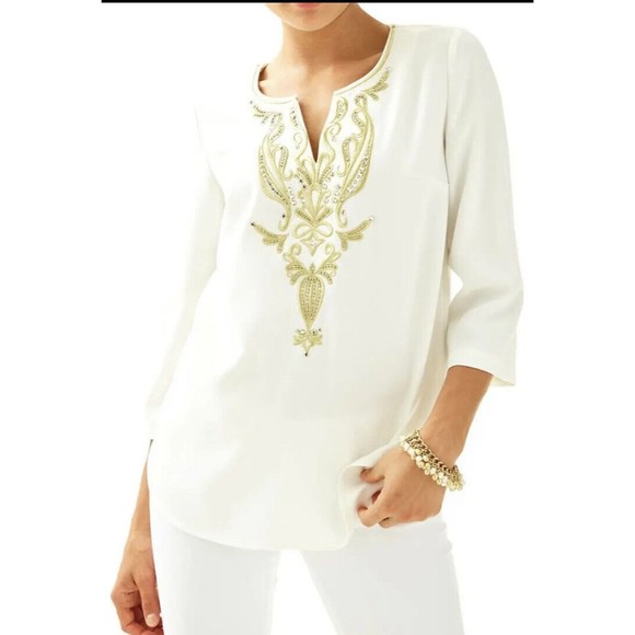 Lilly Pulitzer 0 Resort White Dallas Tunic Top Gold Embroidery Bead - Picture 3 of 12